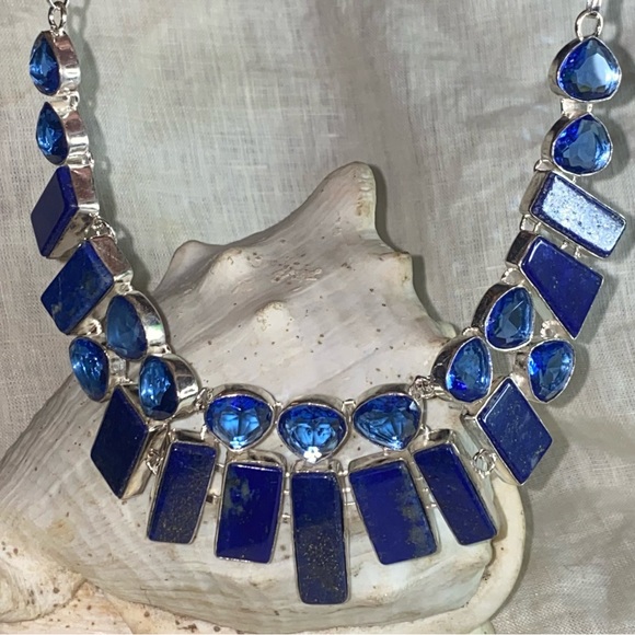 Sophisticated Lapis Lazuli + Blue Topaz statement cluster Necklace - Picture 1 of 12